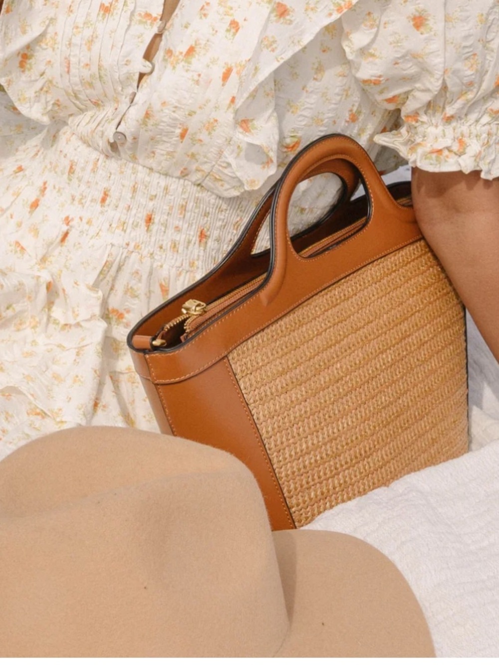 Melie Bianco Cognac Tan Raffia Vegan Leather Tote Purse Bag